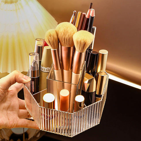 LINFIDITE 360° Rotating Makeup Brush Holder, Clear Cosmetic Display Case with 5 Slots for Vanity Organizer