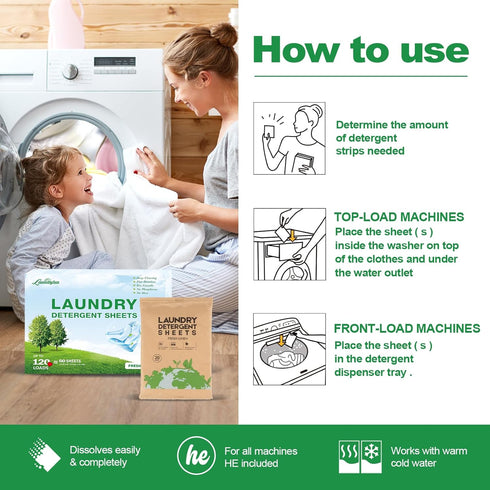 Laundry Detergent Sheets, Eco-Friendly & Hypoallergenic, 60 Sheets (120 Loads), Fresh Scent, No Plastic Jug