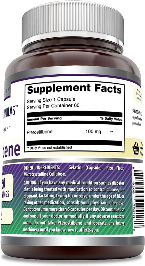 Amazing Formulas Pterostilbene Supplement - 100 Mg per Serving, 60 Capsules, Non-GMO, Gluten Free