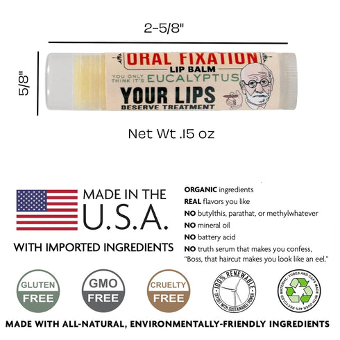 Sigmund Freud's Oral Fixation Lip Balm Tube, Eucalyptus Mint Flavored - Cruelty-Free, USA Made
