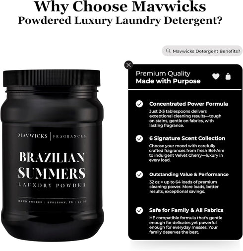 Summers) 32 Oz Mavwicks - Luxury Laundry Detergent Powder (Brazilian Concentrated for Tough Stains and Odors, For All