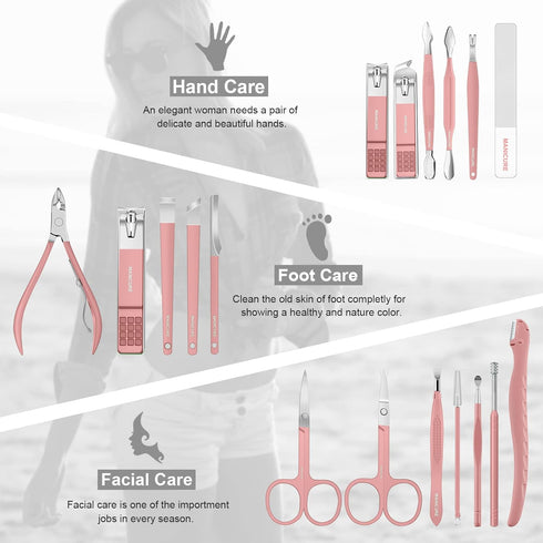 Professional Manicure Set - 18 pcs Pedicure Kit with Nail Clippers and Luxurious Travel Case (Pink)