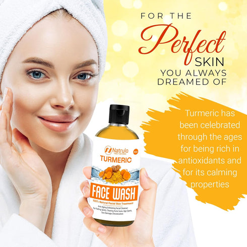 Natrulo Turmeric Face Wash, 4oz Natural Anti-Aging Exfoliating Liquid Soap for Clear Skin
