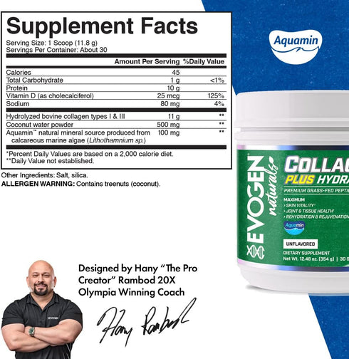 Evogen Collagen Plus Hydration Vanilla Powder, Grass Fed Type 1 & 2 Collagen, Aquamin, Vitamin C, Coconut Water