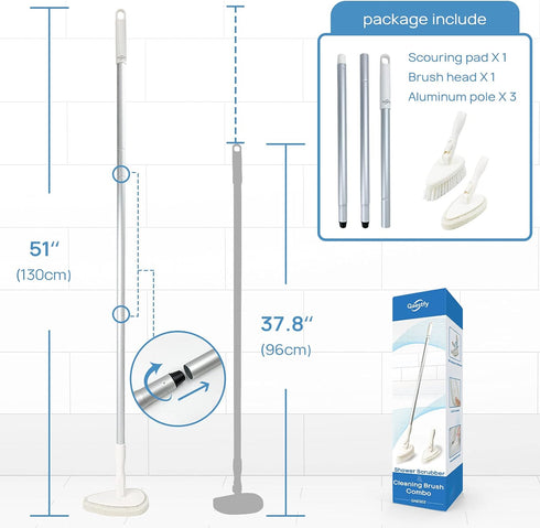 Qaestfy Shower Scrubber Cleaning Brush Combo with 51'' Adjustable Long Handle for Bathroom Cleaning