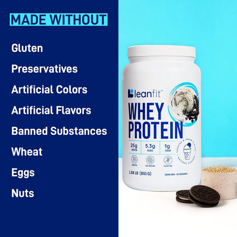 LeanFit WHEY Protein Cookies & Cream, 100% Whey Protein Powder, 25g Protein, Grass-Fed, Gluten-Free, 26 Servings, 1.88