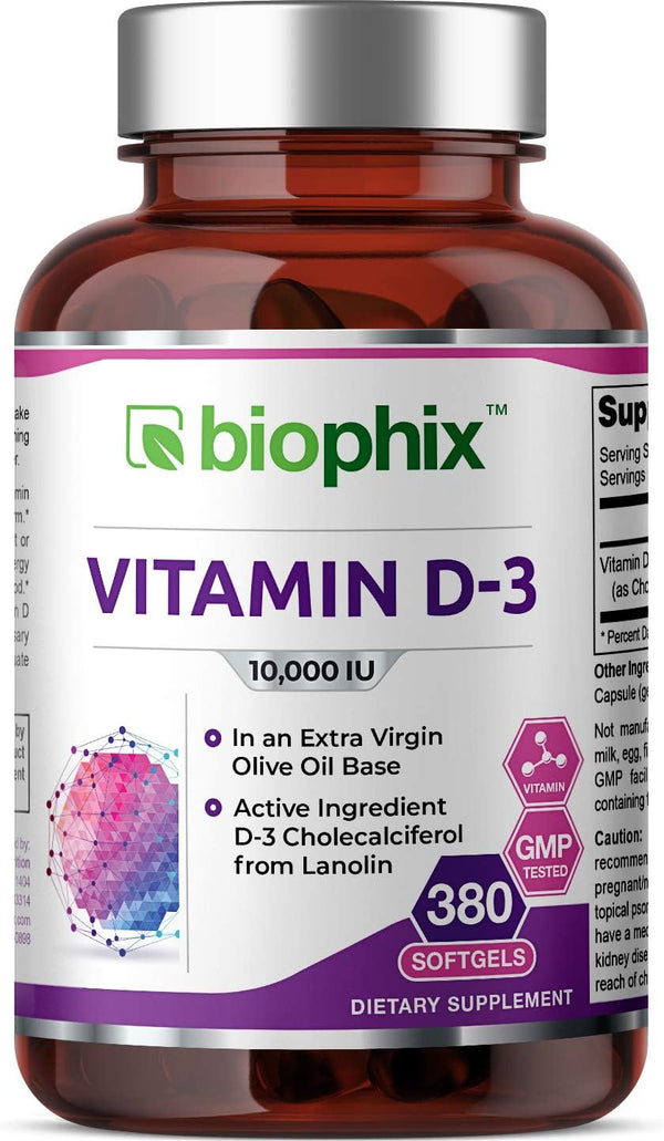 biophix Vitamin D-3 10000 IU | 380 Softgels | High-Potency in Extra Virgin Olive Oil | Non-GMO, Soy-Free for Strong