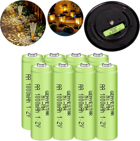 Rechargeable AA Batteries NIMH 1.2V 1000mAh Pre-Charged for Solar Lights and Household Devices, 8 Pack