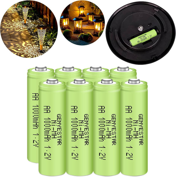 Rechargeable AA Batteries NIMH 1.2V 1000mAh Pre-Charged for Solar Lights and Household Devices, 8 Pack