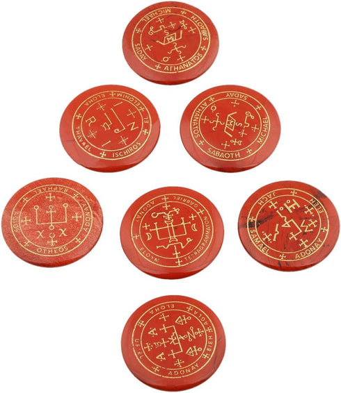 Rockcloud Healing Crystal 7pcs Engraved Magic Circle Round Palm Stones, Spiritual Powers, Red Jasper