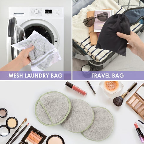 SUNLAND 16 Pack Reusable Makeup Remover Pads for Face, Eye, Lips - Microfiber Cleansing Gloves with Laundry Bag, Grey