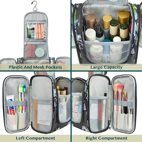 PAVILIA Travel Toiletry Bag for Women Men - Hanging Cosmetic Organizer, Large Water Resistant Makeup Bag (Floral Grey)