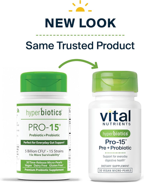 Hyperbiotics Pro 15 Vegan Probiotic Supplement | 30 Count | Time Release Pearls | 15 Diverse Strains | Probiotics for