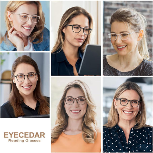 EYECEDAR 4-Pack Reading Glasses - Square Style Blue Light Readers for Women, Metal Spring Hinges, 2.00