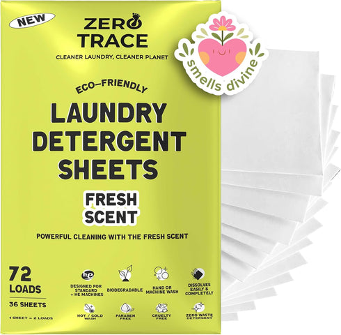 Zero Trace All Natural Laundry Detergent Sheets, Eco Friendly, Fresh Scent, 72 Loads, 36 Sheets