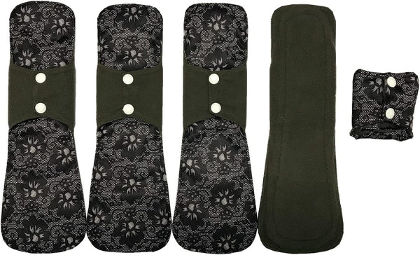 MUMBABY 5pcs 30.5cm / 12inch (Fit) Heavy Flow Charcoal Bamboo Mama Cloth/Menstrual Pads/Reusable