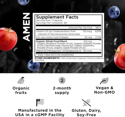 Amen Vitamin D, K2 & Zinc, Cholecalciferol D3 5000 IU, Organic Whole Food Blend with Apple, Blueberry, Cranberry, Elderberry Powder Fruits, Vegan Supplement, D3 K2 Vitamins, Non-GMO - 60 Capsules