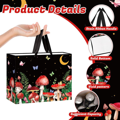 Mushroom Gift Bag with Wrapping Paper and Card, Black Mushroom Birthday Party Bags with Butterfly and Starry Night