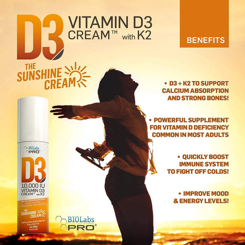 BIOLABS PRO All Natural Vitamin D3 10000IU Cream, Maximum Strength, with Vitamin K2 & Olive Leaf Extract