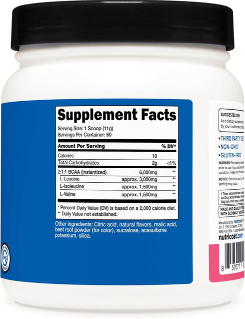 Nutricost BCAA Powder (Raspberry Lemonade, 60 Servings) - 2:1:1 Optimal Ratio