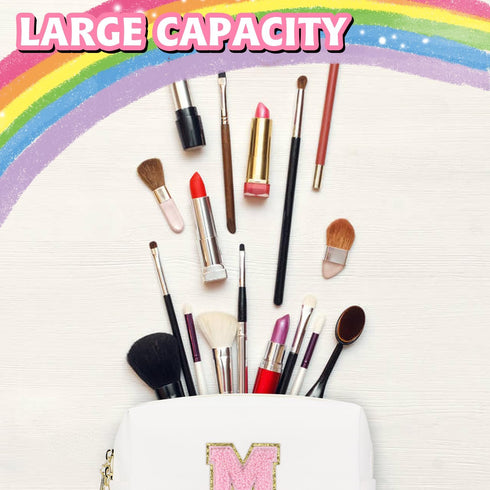 Initial Makeup Bag | Personalized Waterproof PU Leather Chenille Letter Cosmetic Bag | Monogram Travel Toiletry Bag