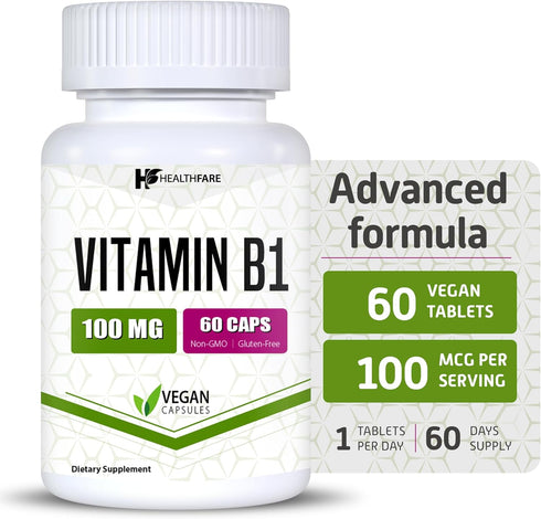 Vitamin B1 100mg | 60 Capsules | Thiamine Supplement | Supports Overall Health | Non-GMO, Gluten Free