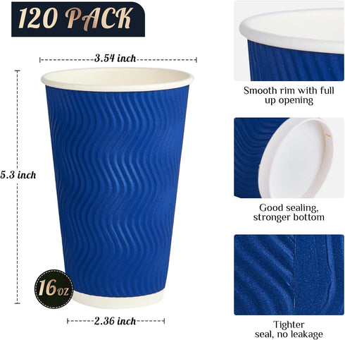 JollyPack 120 Pack 16 oz Paper Coffee Cups, Blue Disposable Beverage Cups with Insulated Ripple Wall for Coffee, Tea