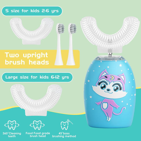 Rumengling 4 2-12 Kids Toothbrush Electric, U Shaped Ultrasonic Automatic Toothbrush with Brush Heads, Two Cleaning