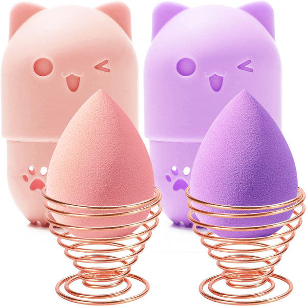 Makeup Sponge Holder + Travel Case, Beauty Blender Drying Stand & Storage Containers (Pink & Purple)