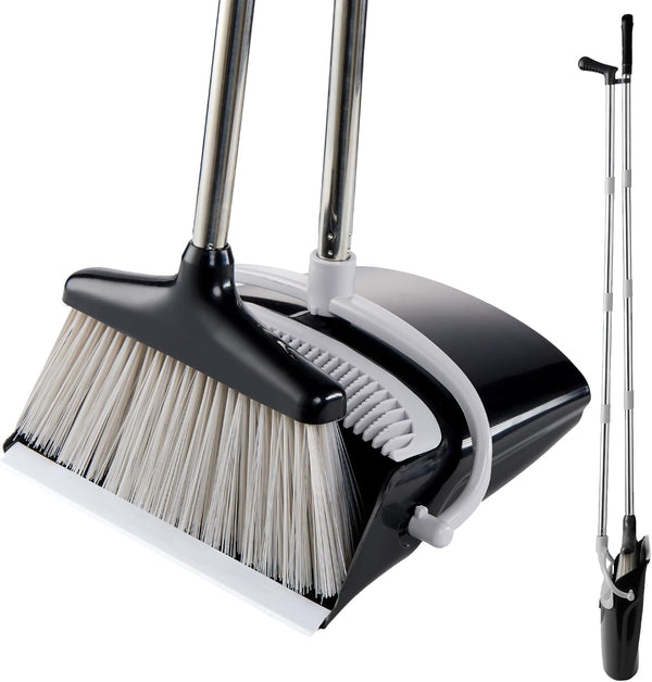 Broom and Dustpan Set, Lightweight Upright Lobby Broom and Dust Pan Combo for Home Kitchen Office (Gray and Black)