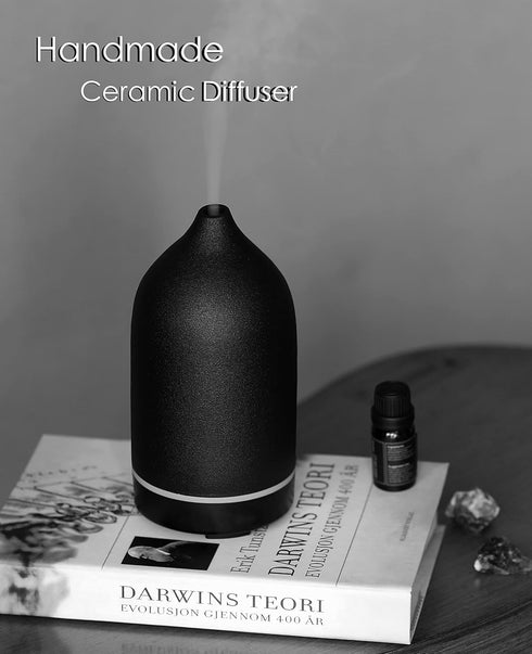 Essential Oil Diffuser, Handcrafted Ceramic Ultrasonic Cool Mist Air Diffuser, 9 Colors Night Light with Timer (Black)