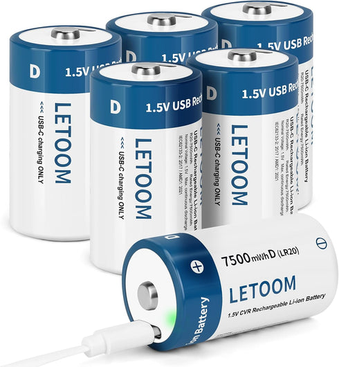 letoom D Batteries Rechargeable with 4 in 1 USB C Charging Cable D