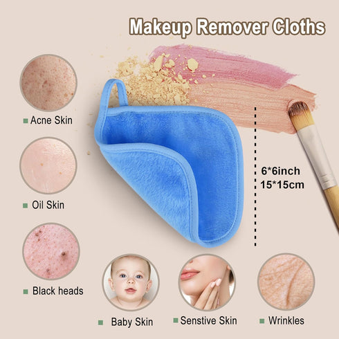 KODAMO Makeup Remover Cloth, 6 inch x 6 inch Reusable Pads Washable Travel Bag, Microfiber Makeup Removal Cloths, 12
