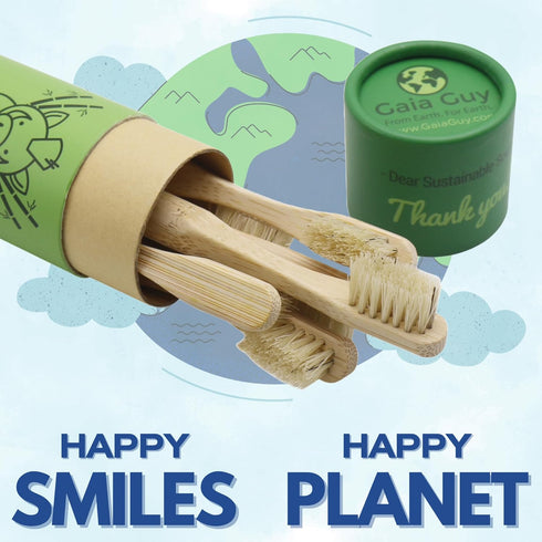 Gaia Guy Natural Bristle Bamboo Toothbrush for Kids, Compostable & Biodegradable, 6-Pack