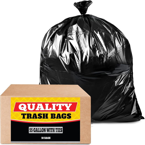 Tasker 55 Gallon Trash Bags (Value 50 Bags w/Ties), Extra Large Industrial Trash Bags for Outdoor Use