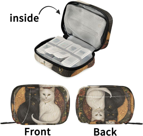 YMGQYJ 7 Cat Black White Pill Case for Travel, Weekly Pill Boxes Days Portable Pill Organizer Supplement Holder