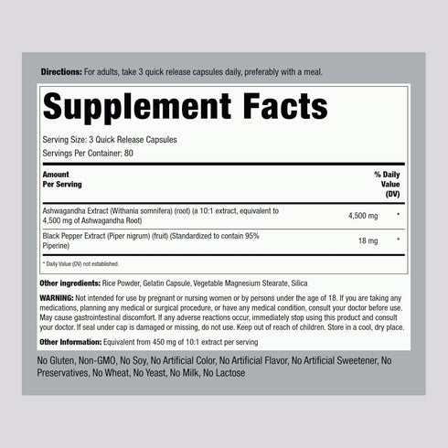 Piping Rock Ashwagandha Supplement 4500 mg | 240 Capsules | Herbal Extract | with Black Pepper | Non-GMO, Gluten Free