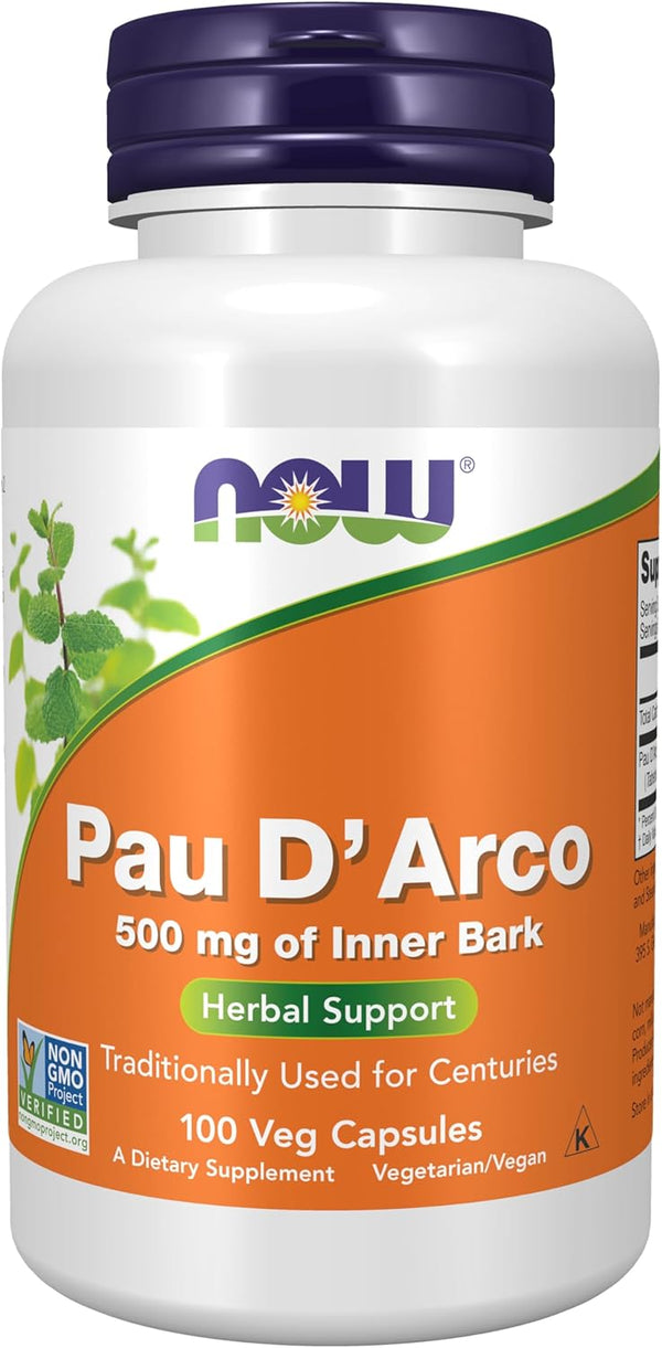 NOW Supplements Pau D'Arco 500 mg - Herbal Support - 100 Veg Capsules