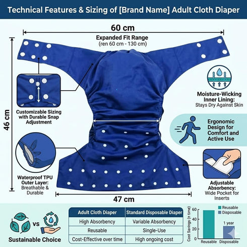 Kawaii Adult Reusable Cloth Diaper - Large Waterproof Incontinence Underwear with Super Absorbent Insert - Leak Proof