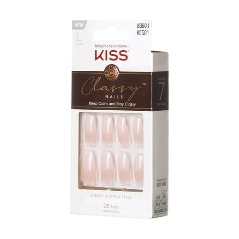 KISS Classy Press On Nails, Nail Glue Included, 'Be-you-tiful', Beige, Long Size, Coffin Shape, 28 Nails