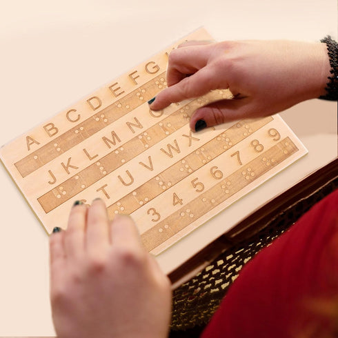 XIHIRCD 2pcs Braille Alphabet Board, Wooden Braille Fingerboard with Raised Dots & Engraved Letters & Numbers