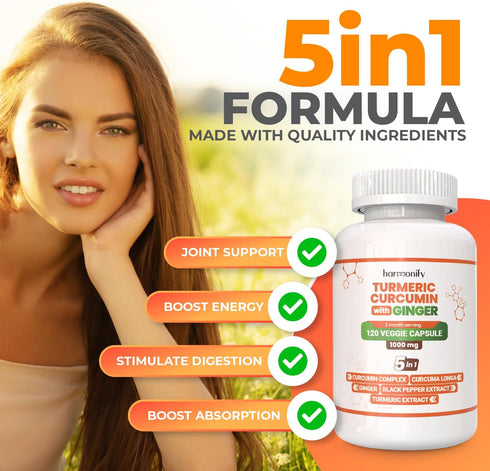 Turmeric Curcumin Supplement 5 in 1 Formula with Ginger, Ceylon Cinnamon, Black Pepper, 1000 mg, 120 Capsules