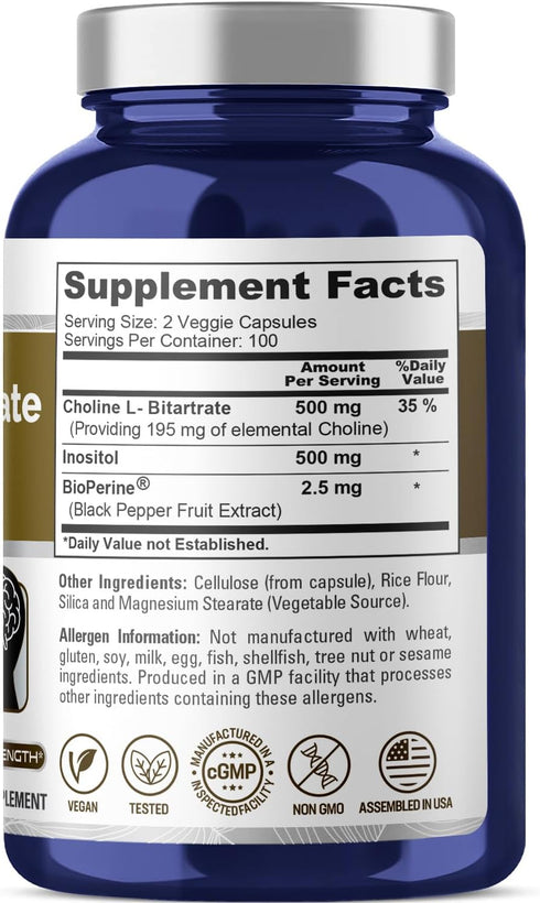 NusaPure Choline & Inositol 1000mg, 200 Veggie Caps (100% Vegetarian, Non-GMO)