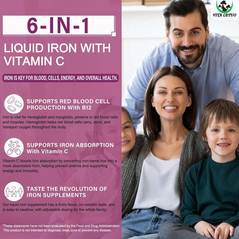 Vita letuo C,6-in-1 B12,Vitamin B6,High Immune Iron Supplement for Women with Vitamin Liquid Supplement w/Vitamin