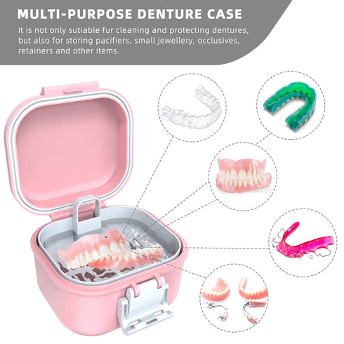 ARGOMAX Portable Leak Proof Denture Bath Cup, Soaking Box with Strainer for Dentures and Braces (Pink + White)