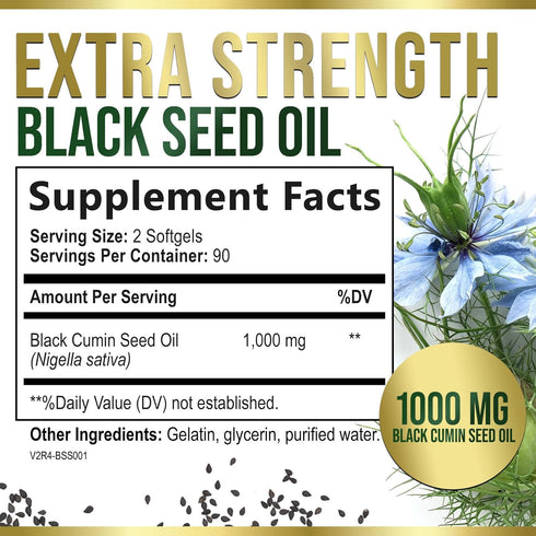 Black Seed Oil Softgels 1000mg, Premium Nigella Sativa Blackseed for Skin & Immune Support, Non-GMO, 180 Softgels