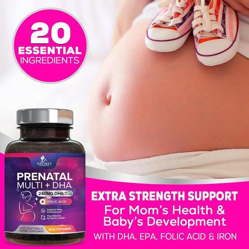 Women's Prenatal Multivitamin with Folic Acid + DHA, 240 Softgels for Fetal Support, Non-GMO
