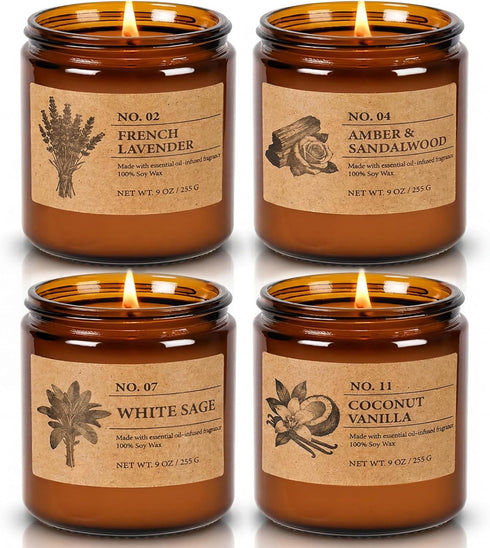 Soy Candles Set of 4, 9oz Natural Soy Wax Aromatherapy Candles, Home