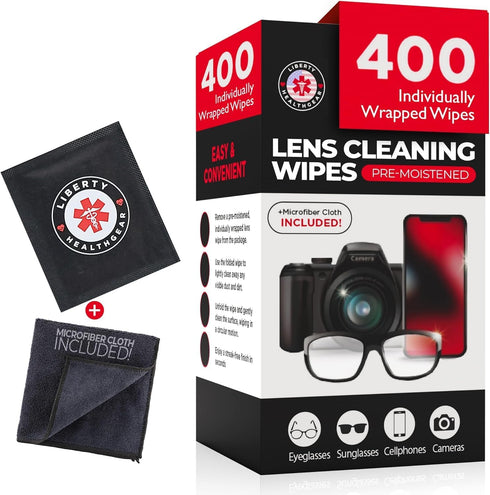 Liberty HealthGear 400 Eyeglass Cleaning Wipes + Microfiber Cloth for Eyeglasses & Lens Cleaner