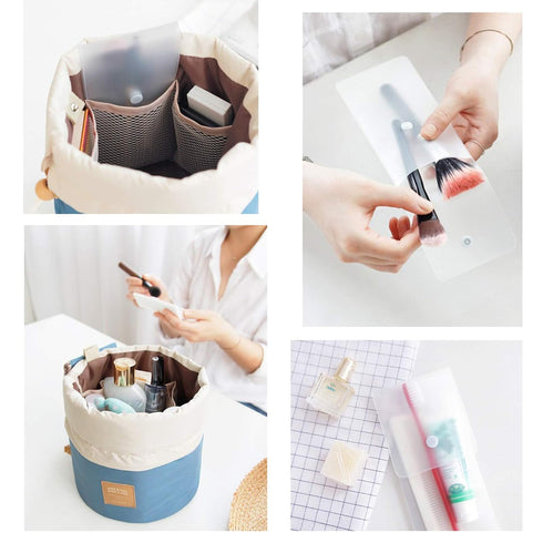 INVODA 4PCS Cosmetic Bag, Barrel Shaped Travel Makeup Bags, Large Capacity Waterproof Drawstring Toiletry Bag